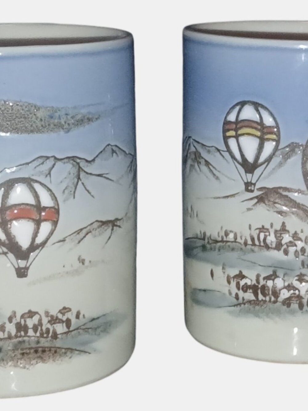 Vtg 1970s Otagiri Japan Hot Air Balloon Coffee Mugs Embossed Stoneware Set of 2